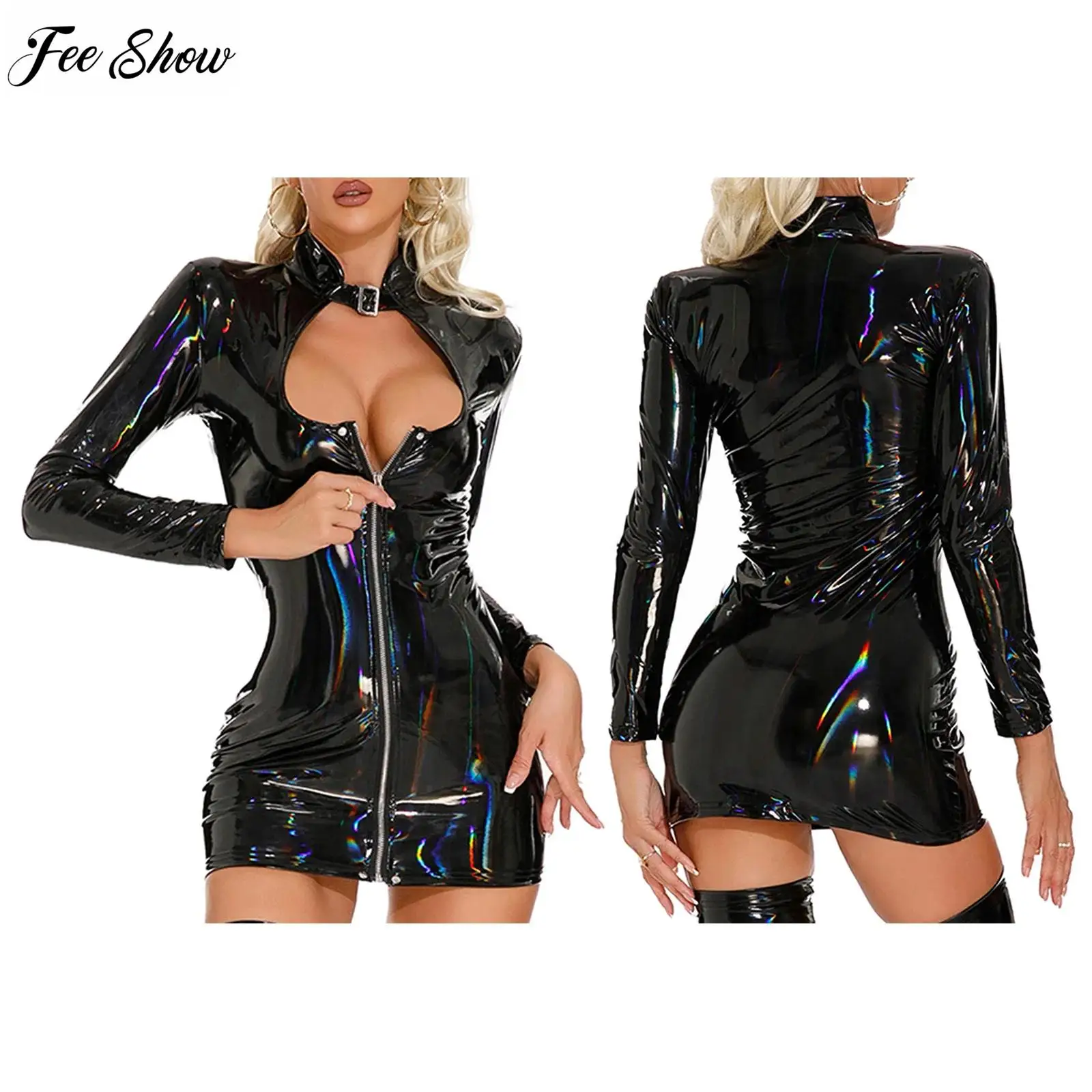 

Womens Sexy Shiny Leather Mini Dress Stand Collar Long Sleeve Cutout Front Zipper Party Dress for Nightclub Bunny Cosplay