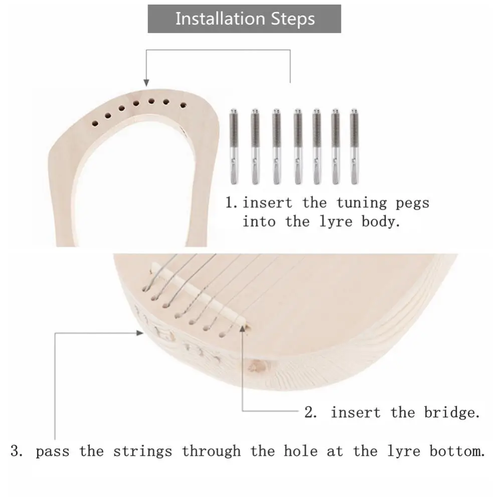 7 Strings Lyre Harp DIY Kit Solid Basswood String Instrument Handwork Painting Assembly for Beginner Children Fun Toy Art