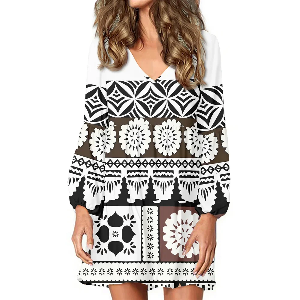 Fall Women V-neck Mini Luxury Lady Long Sleeves Dress Custom Polynesian Tribal Clothing Fijian Tapa Print Casual Party Dress