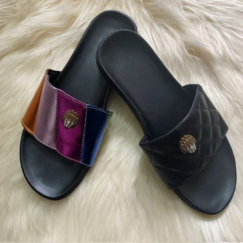 

Женские шлепанцы с головой орла, сандалии с бриллиантовой пряжкой, дизайнерская фурнитура для улицы, женские сланцы размера 37-43 на плоской подошве