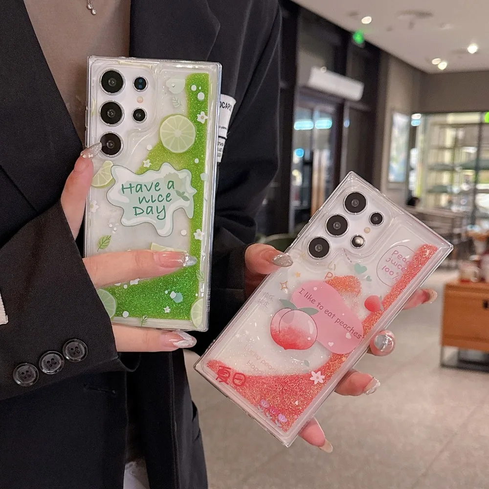 Luxury Flowing Glitter Liquid Quicksand Case - Cute Peach Lemon Shockproof Clear Cover