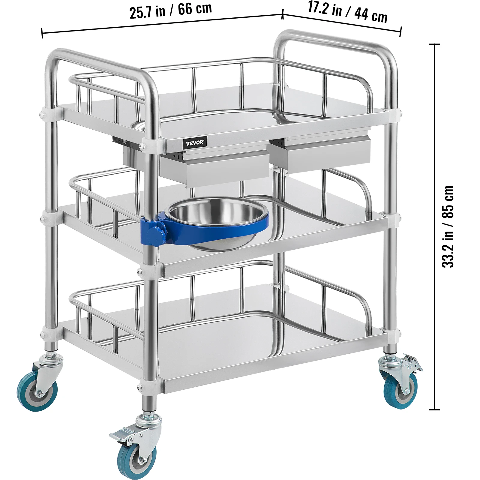 VEVOR laboratoře žebřinový vůz 3 vrstev dvojitý zásuvek 304 nerez ocel medicinální žebřinový vůz s otočný casters 1 odmítat bazén obsluha pro nemocnice
