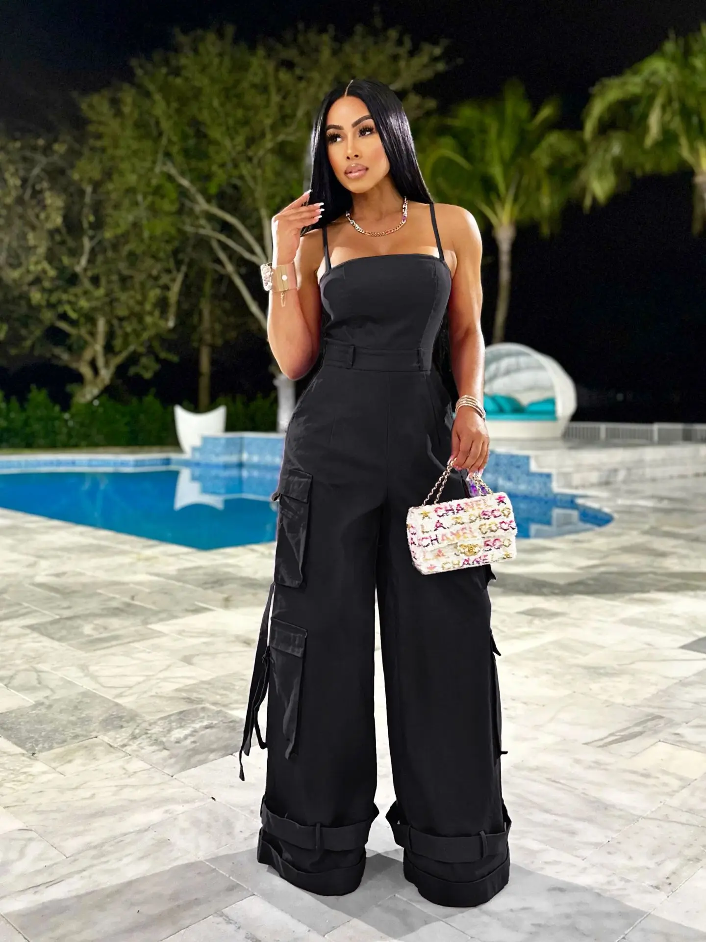 Women Jumpsuit Summer Solid Color Sexy Sleeveless Tube Top Multi-Pocket Cargo Jumpsuit Lady Elegant Club Party Wide Leg Jumpsuit