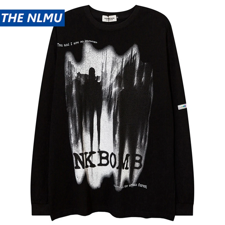 

Goth Punk Oversized Men T Shirts Shadow Printed Loose Long Sleeve Hip Hop Harajuku Streetwear T-shirt Black White Fashion Tee