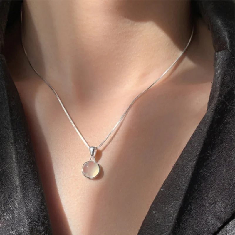 ●シルバー925・ネックレス●ムーンストーン●オーダー●ビンテージ 女性のための高級シルバーメッキペンダントネックレス,ラウンド