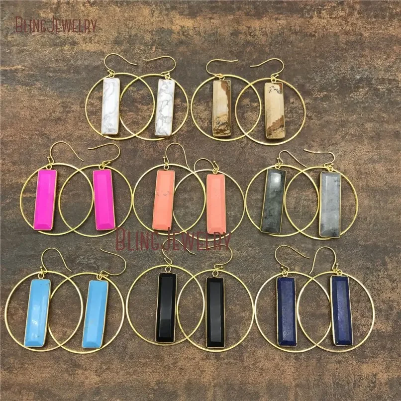 

10pairs Tribal Gypsy K Gold Color Stainless Steel Hoop Earring Blue Pink White Turquoise Howlite Bar Pendant Dngle Jewelry Boho