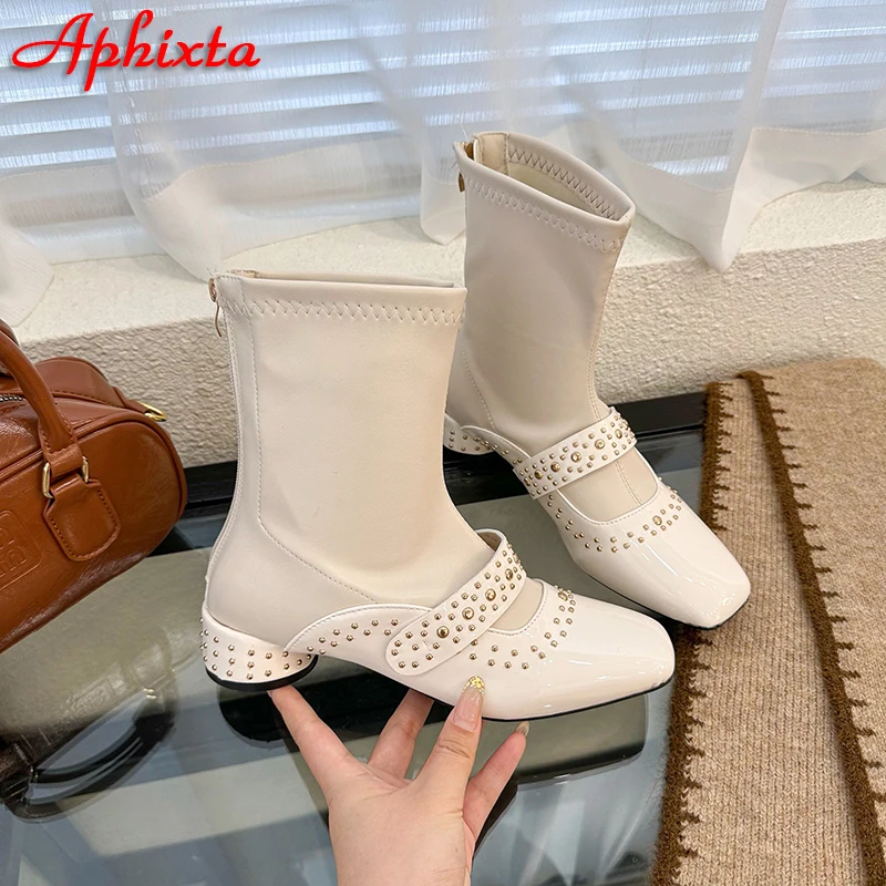 Aphixta Winter Square Heels Belt Buckle Ankle Boots Lots Rivets Woman Shoes Winter Back Zipper Fahion White Boot s