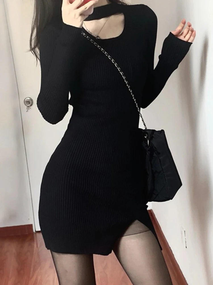 Vestido De Punto Mujer Invierno - Manga Larga, Cuello Redondo, Negro, Talla L, Tejido Elástico Y Cálido