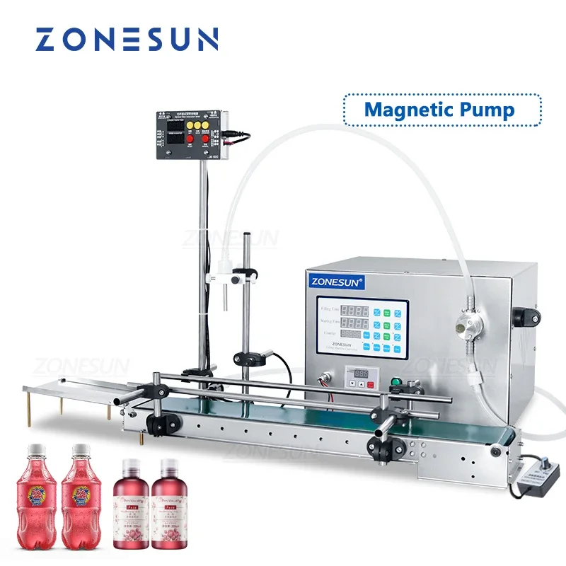 

ZONESUN Automatic Liquid Filling Machine with Conveyor Magnetic Pump Bottle Filler for Water Juice Drink Milk ZS-DTMP1S
