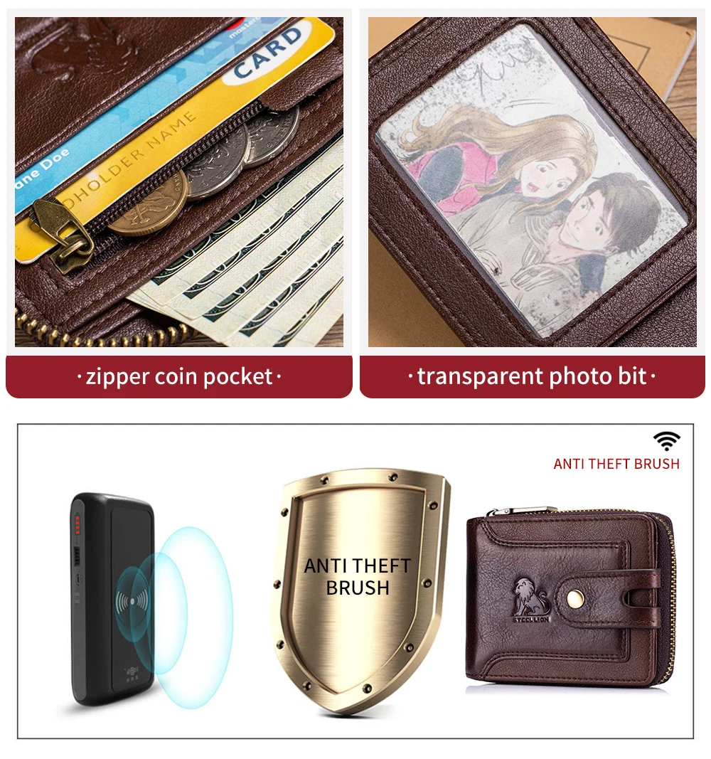 Herren-Geldbörse aus echtem Leder, Oberschicht aus Rindsleder, Münzgeldbörse mit mehreren Kartenfächern, großes Fassungsvermögen, mit Fotoalbum, Führerschein, RFID – Detail 4