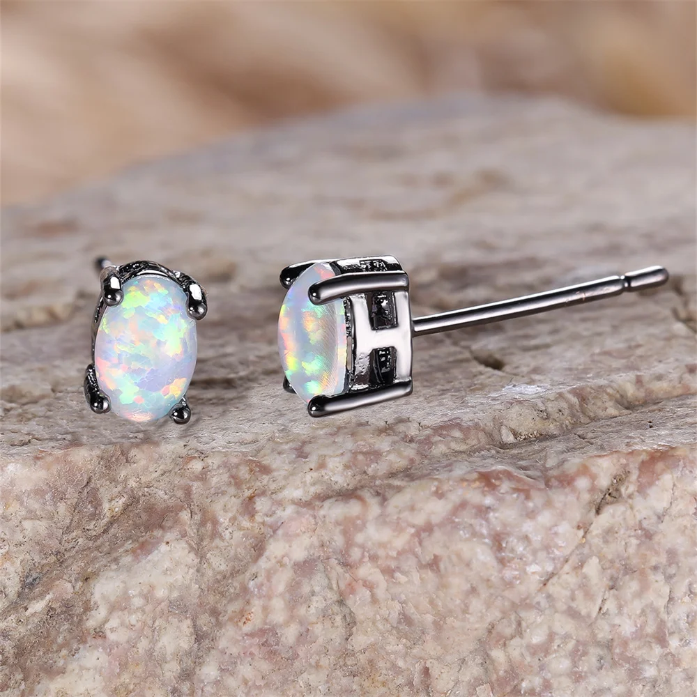 White Blue Fire Opal Small Oval Stone Stud Earrings For Women Vintage Black Metal Wedding Jewelry Minimalist Engagement Gifts