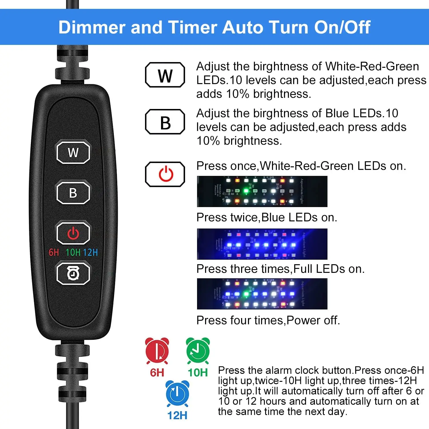 Four Colors full spectrum Aquarium LED Clip-on Light Adjustment with Timer Dimmer IP 67 Waterproof for Aquarium Light Aquarium Lamp Fish Tank Light Plant