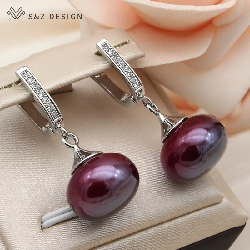 S&Z DESIGN New Fashion Elegant Wine Red Round Beads Dangle Earrings For Women Wedding Party 585 Rose Gold Color Jewelry Gift