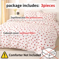 3 pièces/ensemble petit coeur rouge imprimé housse de couette (1 housse de couette et 2 taies d'oreiller) housse de couette douce et respectueuse de la peau ensemble de literie pour 3