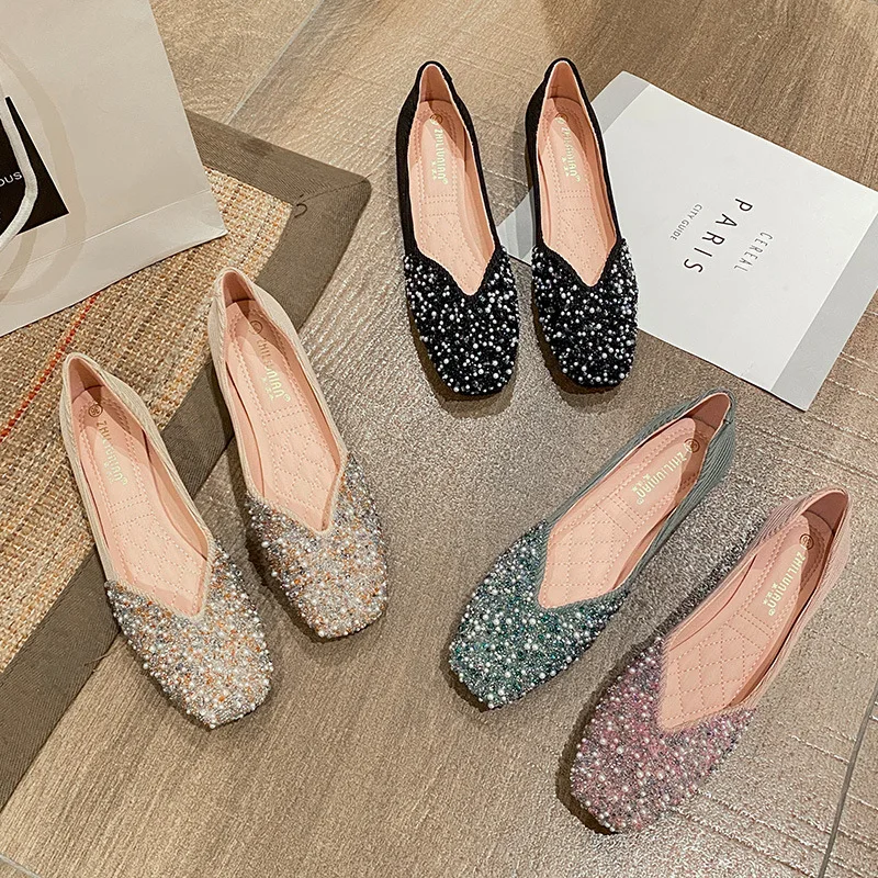 Women's Pearl Beaded Flats Shoes Spring Square Toe Loafers Female Shallow Slip On Mocasines Mujer Sequined Ballets Shoes Ladies