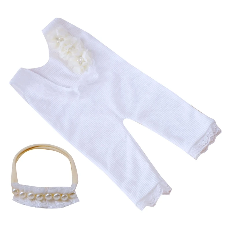 

Newborn Photo Outfit Baby Backless Romper Pearl Headband Infant Photoshoot Suit X90C