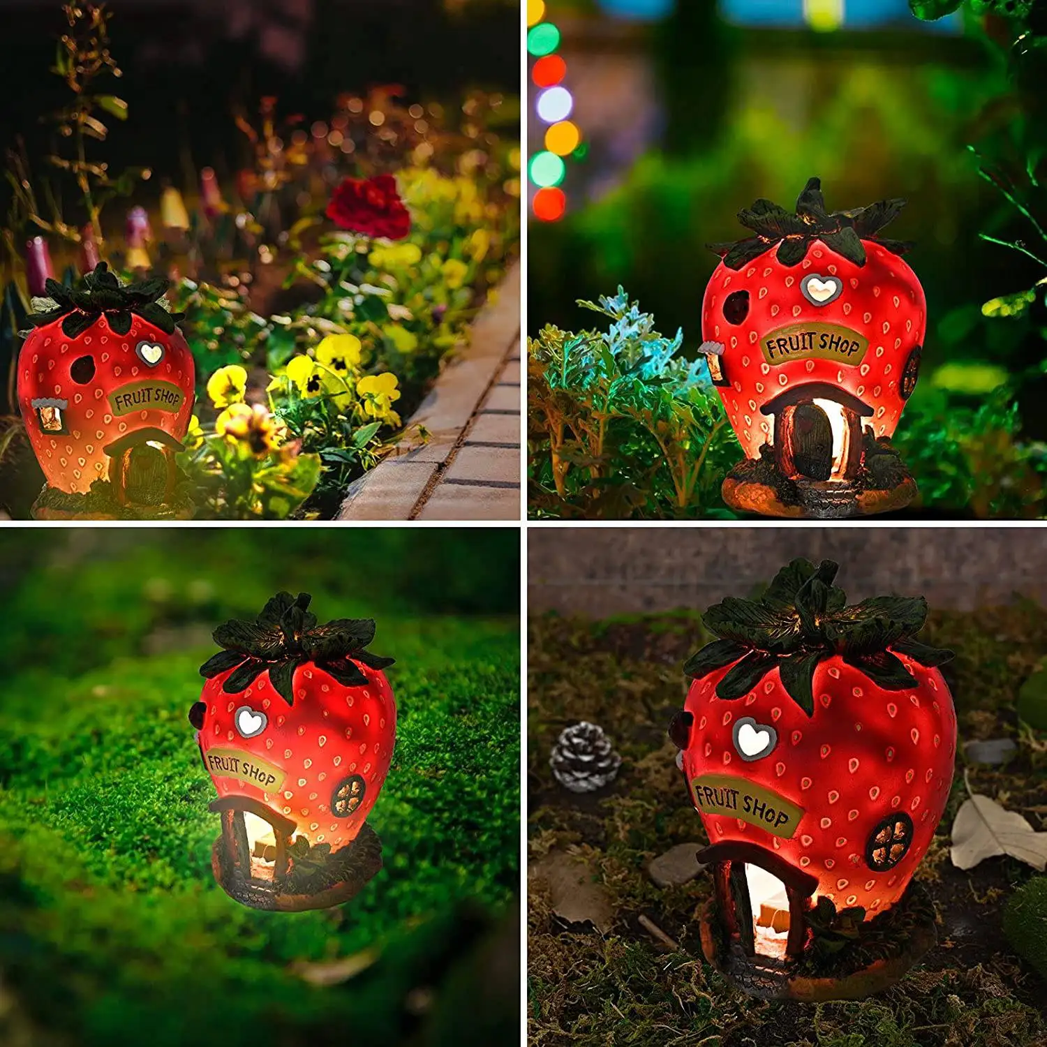 Strawberry Fairy House Solar Powered LED Outdoor Garden Decor Lights Figurines Sculptures for Lawn Yard Decoration