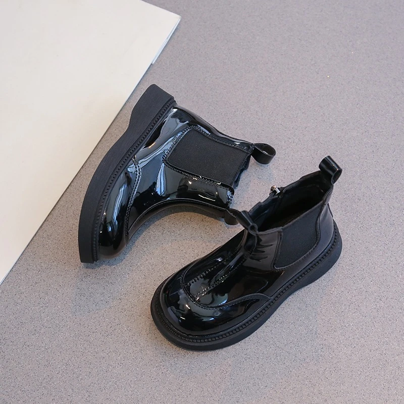 Winter New Kids Ankle Boots for Boys Girls Unisex Rubber Boots Glossy PU Leather Shoes Side Zipper Fashion Classic Chelsea Boots