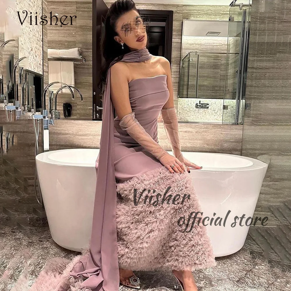 

Viisher Lavender Mermaid Evening Dresses Strapless Pleats Tulle Long Tight Prom Party Dress with Cape Dubai Arabic Formal Gowns