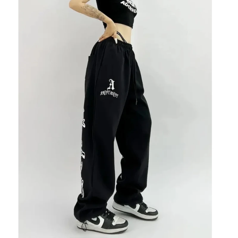 QWEEK Hip Hop Gothic Black Jogging Sweatpants Oversize Y2K Grunge Kpop Baggy Trousers Harajuku Graphic Wide Leg Sports Pants