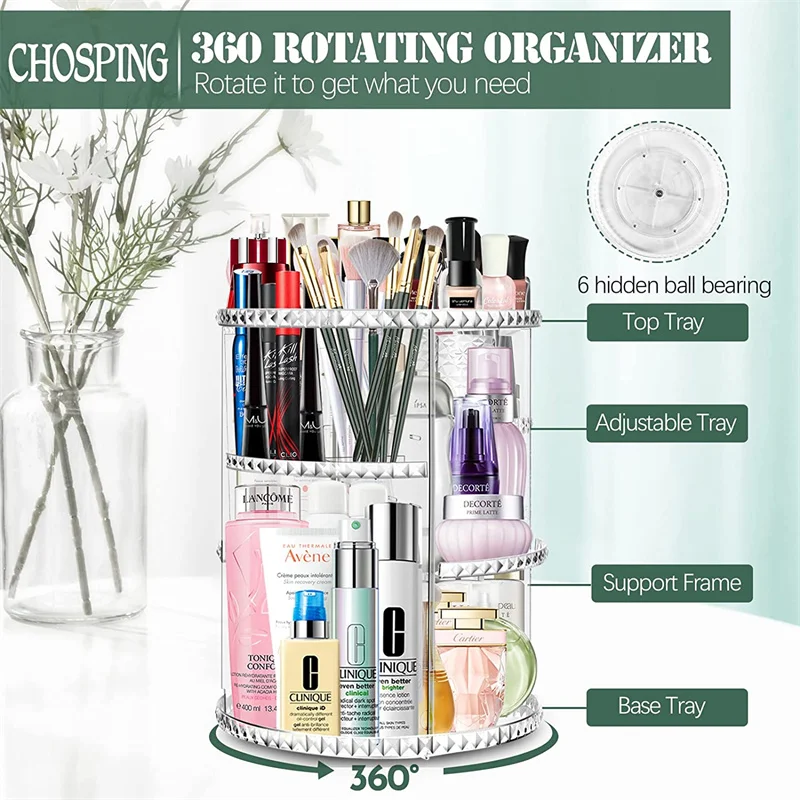Makeup Organizer 360 Large Rotating Makeup Organizer Adjustable Durable Spinning Cosmetics Skincare Perfume Brush Storage For Bathroom Dresser