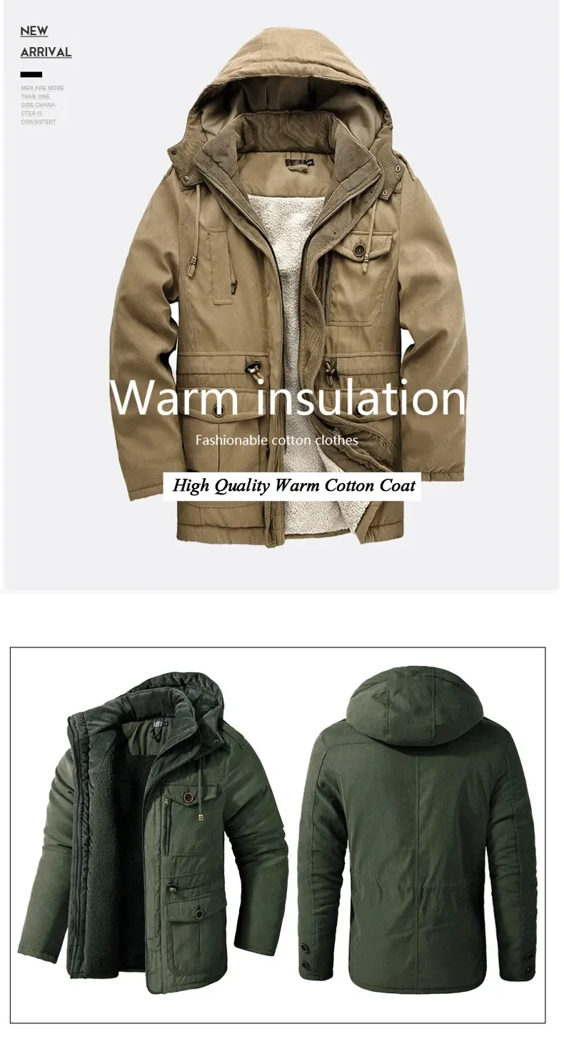 Winter Thick Warm Jacket Men Casual Thick Hooded Windproof Parka Solid Color Plus Size Multi Pocket Men Jacket USA SIZE S-2Xl