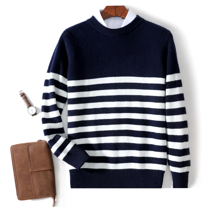 

Men's 100% Merino Wool Sweater Autumn Winter Thickened Long Sleeve O-Neck Pullovers Loose Striped Knit Shirt Casual Warm Tops