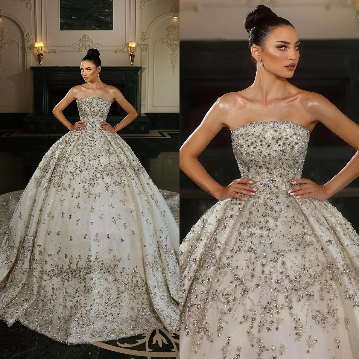 Luxurious Wedding Dresses Ball Gown Strapless Fluffy Crystal Beaded Diamond Long Train Bridal Gowns