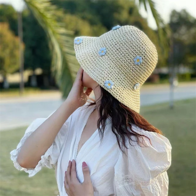 Summer Sun Hat Wome Straw Crochet Bucket Hat Women's Foldable Panama Cap UV  Sun Cap Boho Flower Fishing Hat Vacation Beach Hat - AliExpress