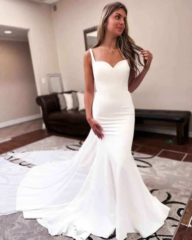 

Sexy Spaghetti Straps Mermaid Wedding Dresses Crepe Sweetheart Neck Open Back Chiffon Long Train Bridal Gowns Robe De Mariée