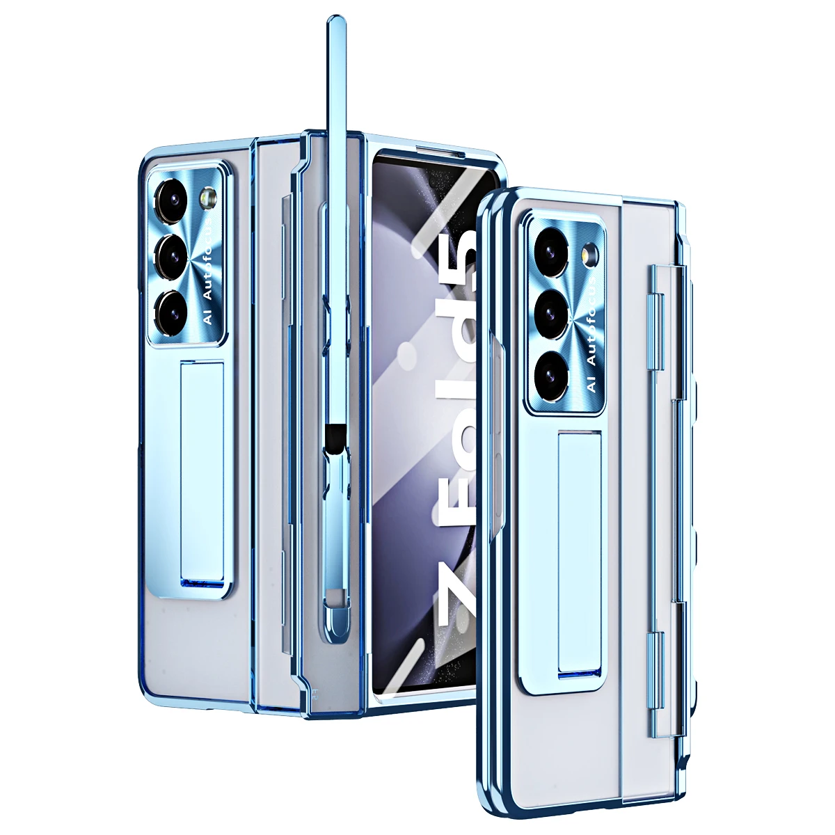 

With S Pen Holder For Samsung Galaxy Z Fold 5 4 3 Case Hinge Magnetic Plating Armor Kickstand Transparent Full Protection Cover