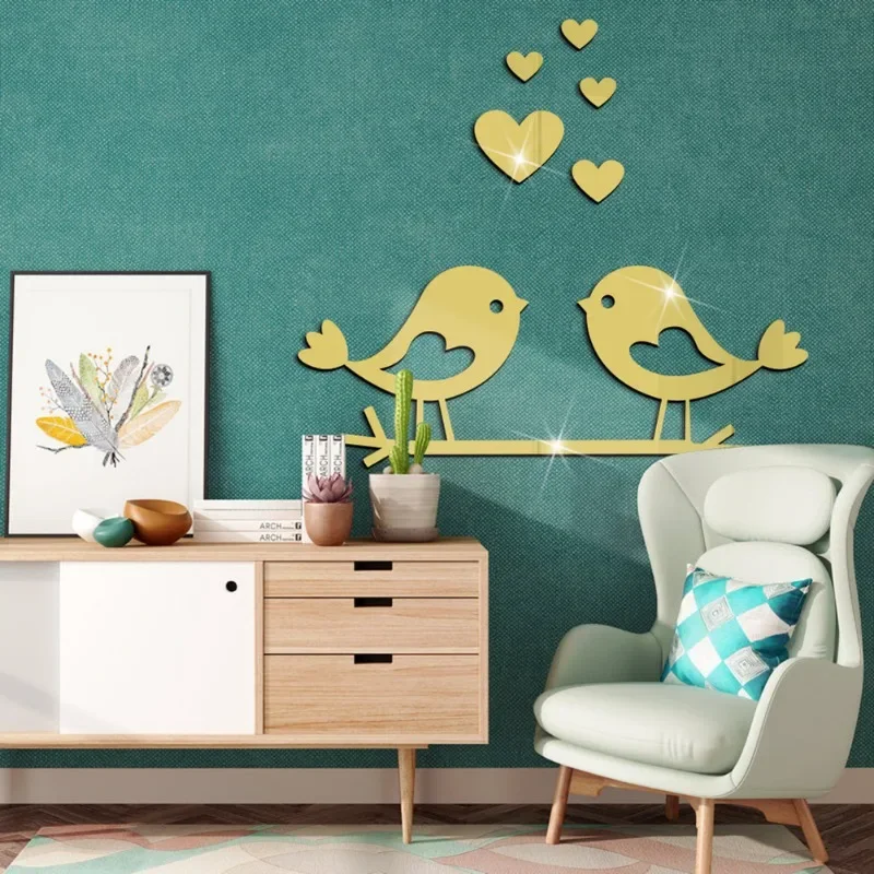 Loving Birds Mirror Wall Sticker Love shape Acrylic Wall Decals 3D Waterproof Self adhesive Sticker For DIY Valentine Day