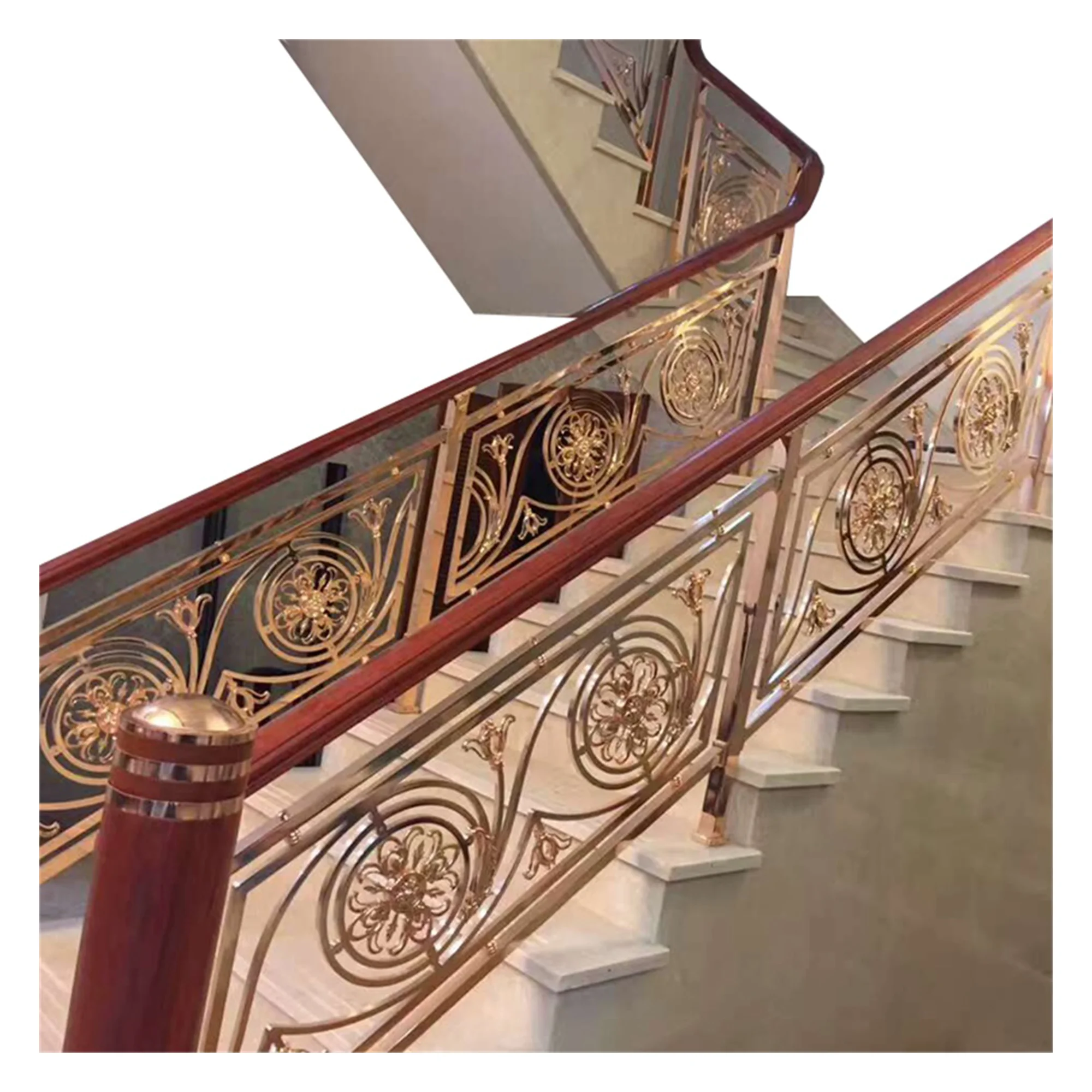 

Classic Design Hotel Villa Gold Plated Solid Wood Handrail Balcony Interior Golden Railing