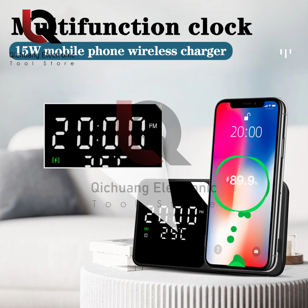 

1 Set W5 Clock Wireless Charger 15W MAX Fast Mobile Wireless Charging Multi functional with Temperature Alarm Clock for Bedroom