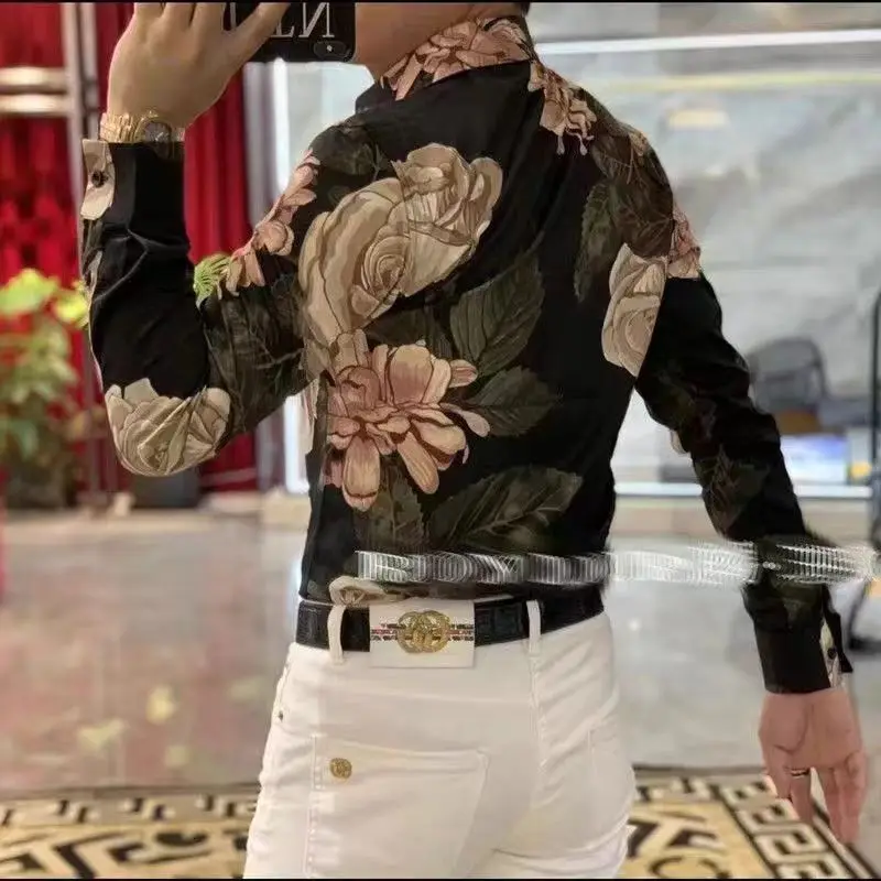 Fashion New Spring and Autumn Men's 2024 Retro Patchwork Square Collar Button Printing Slim Versatile Casual Long Sleeved Shirt