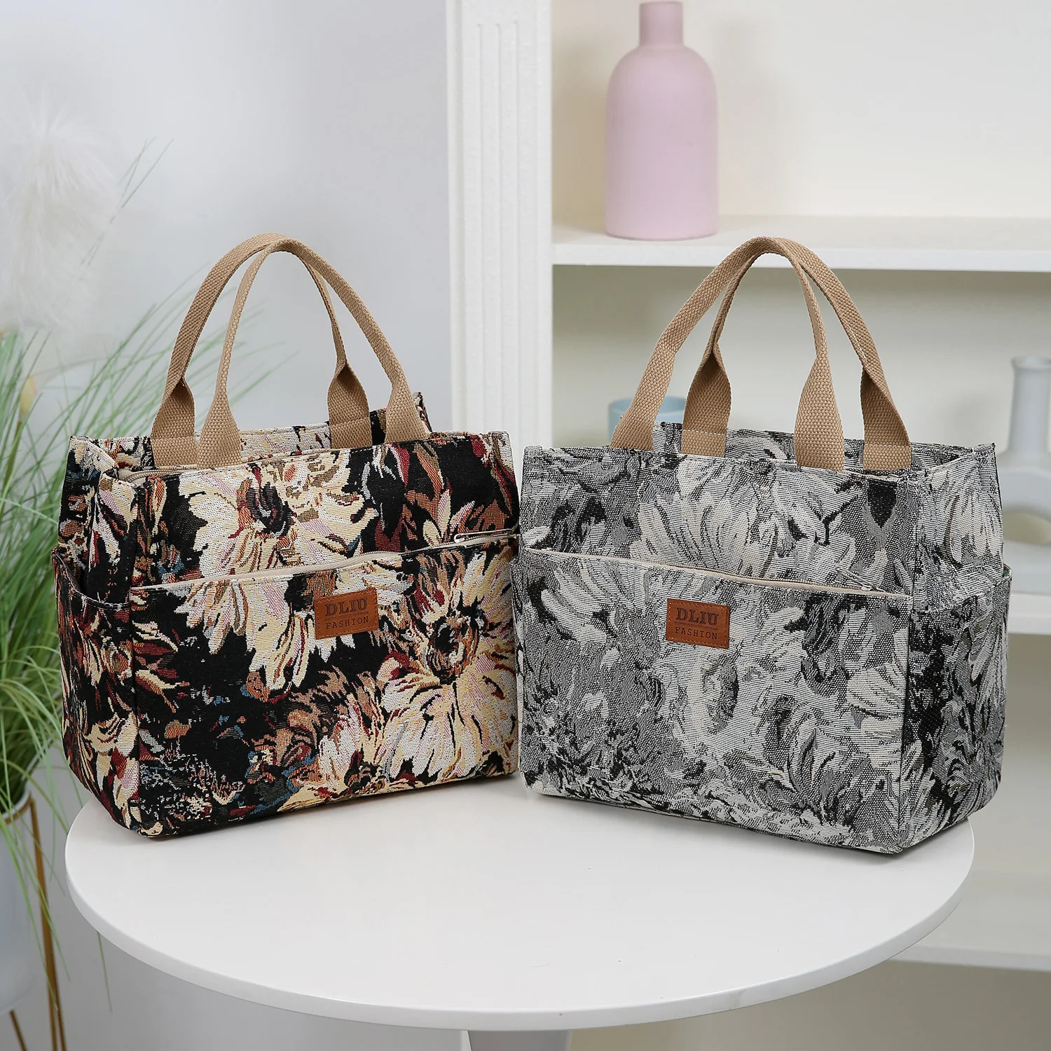 Nuevo bolso de tela gruesa de gran capacidad, bolso de mano, bolso de compras, bolso varios, bolso para lonchera, bolso bento, patrón floral