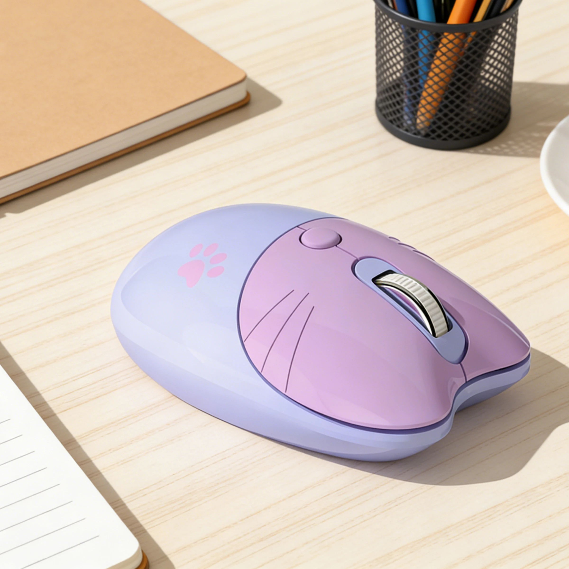 MOFii 1피스 듀얼 모드 무선 마우스, 그라데이션 고양이 모양 귀여운 마우스, 블루투스 및 2.4G 무소음 사무용 마우스, 배터리 미포함