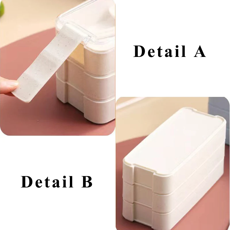 Description Picture 4 of item1pc 1000ML 3-layers Wheat Straw Lunch Box With Dinnerware Detachable Microwavable Hermetic Bento Box For Adults School Office