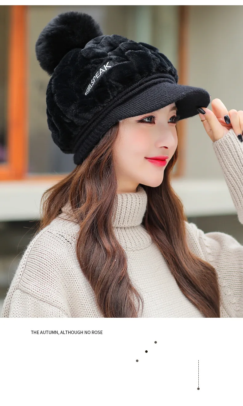 Hut Herbst Winter Mütze Frauen vielseitige Kaninchen haar warme Ente Zunge Hüte niedlichen Haarball kalt wind dicht Hut dick heiß – Detail 10