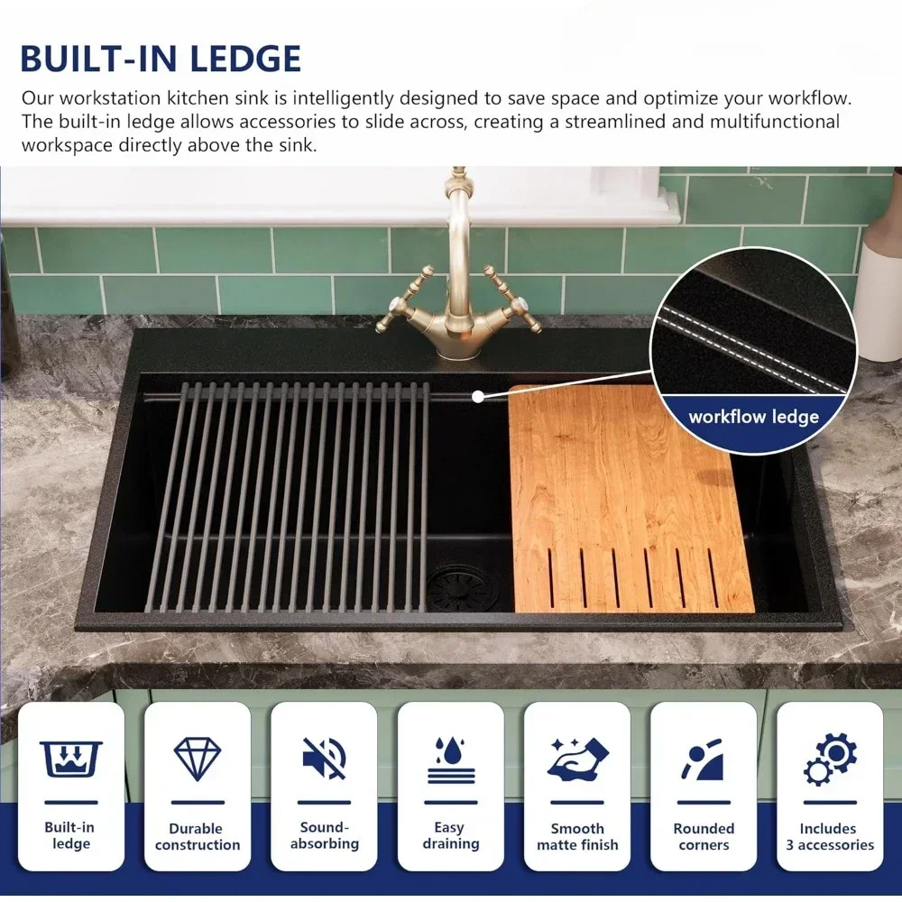 Granite Composite Drop In Kitchen Sink Large Top Mount Single Bowl Sink with Integrated Ledge