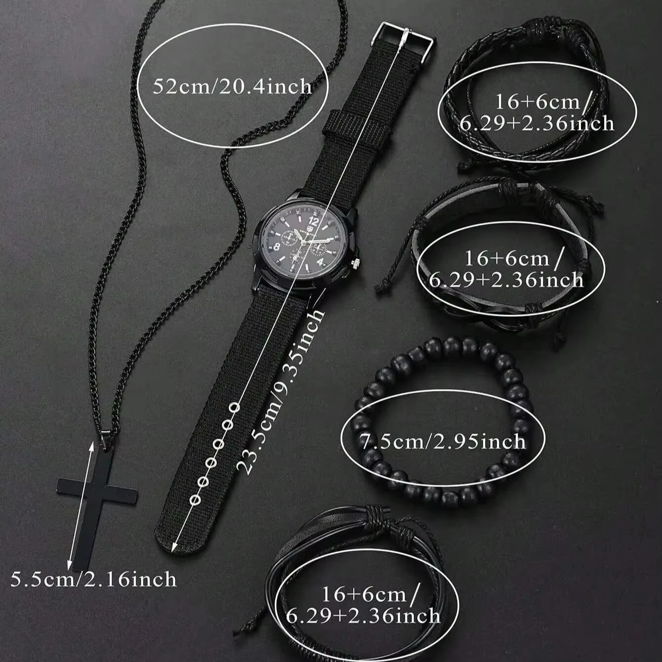 5/6pcs Set Fashionable Pu Leather '8' Shape Beaded Bracelet With Mechanical Watch, Cross Pendant Necklace For Men, Black-Colored 3