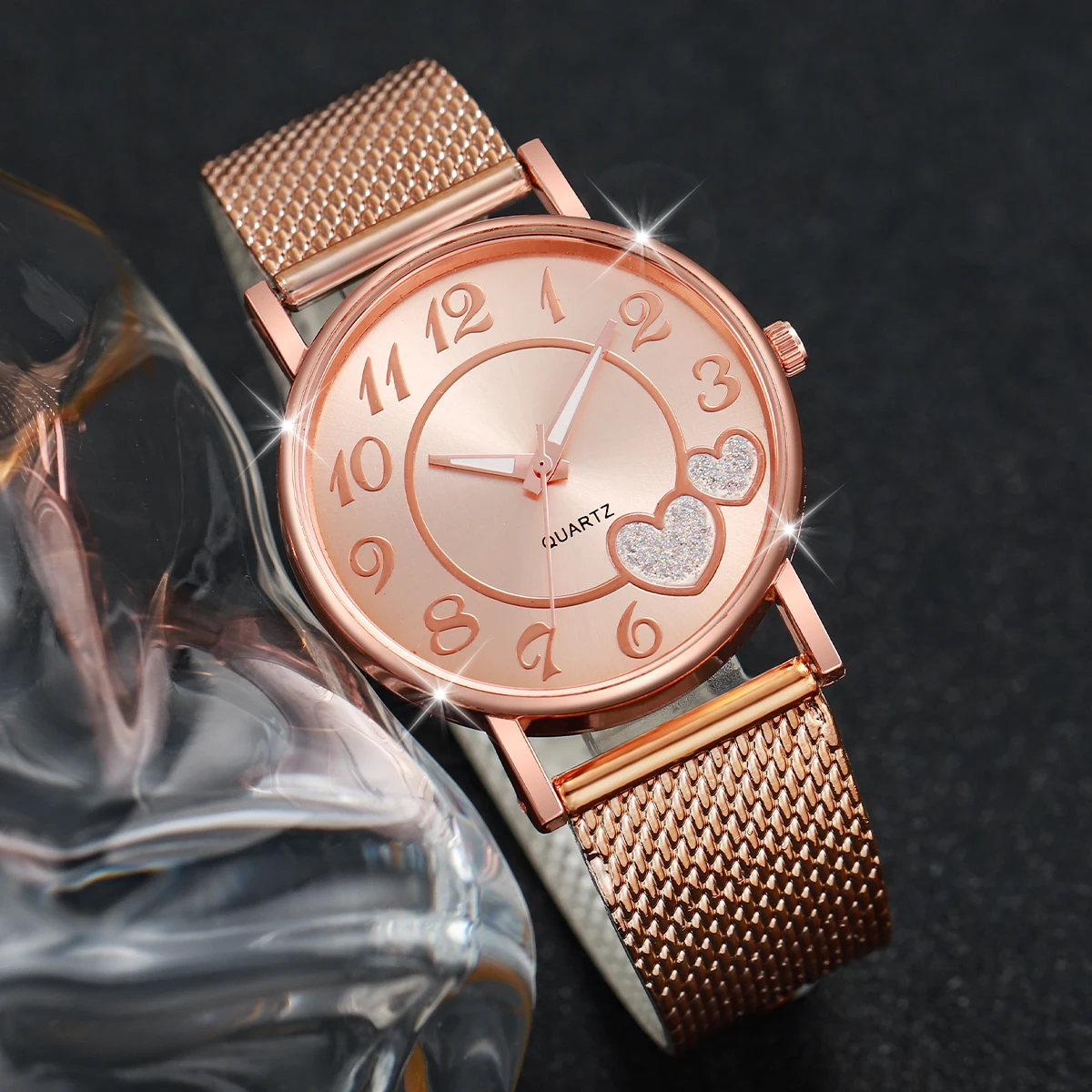 5PCS/Set Women Watches Diamond Jewelry Set Fashion Heart Dial Plastic Band Female Quartz Wristwatch（Without Box） 4