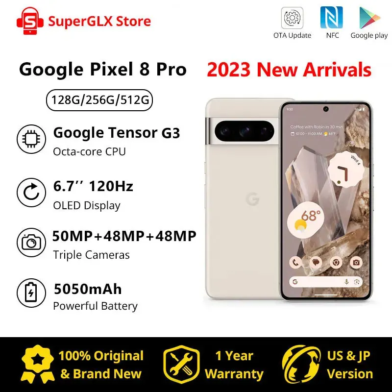 

Original Google Pixel 8 Pro 5G Google Tensor G3 12GB 128GB 6.7" NFC Octa Core Android 14 IP68 dust/water resistant 50MP Cameras