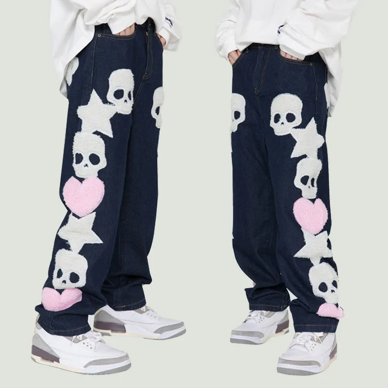 

Streetwear Denim Pants Mens Vintage Skull Star Embroidery Jeans Fashion Oversized Harajuku Casual Straight Trousers Black Blue