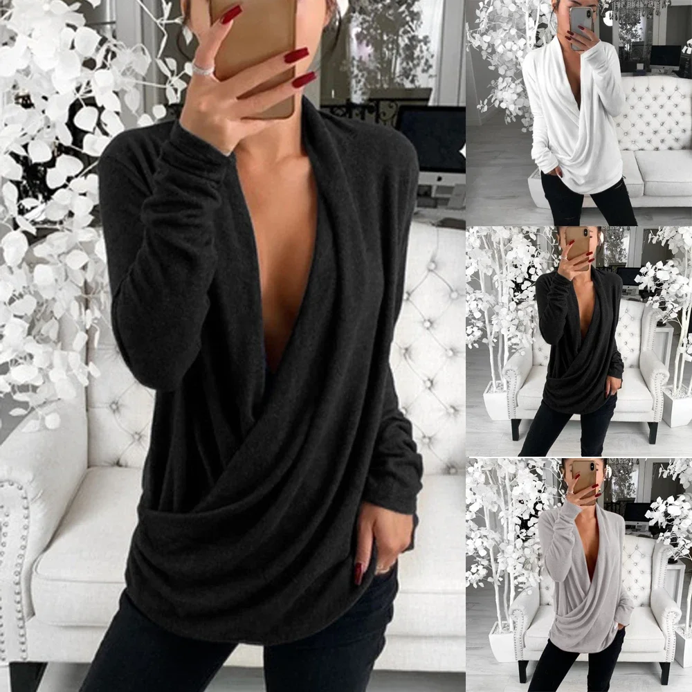 Women V Neck Long Sleeve Pleated Wrap Top