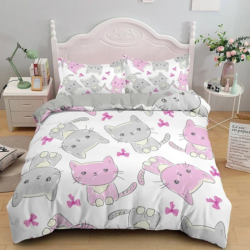 Niedliche Katze, einseitig bedrucktes Bettwäsche-Set, Tröster, Cartoon-Bettdecke, Bettbezug, Kissen, bequeme Tagesdecken, Bettwäsche-Set – Detail 5