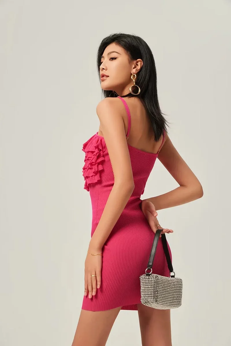 Women’s Center Bodice Frill Detail Knitted Cami Mini Dress