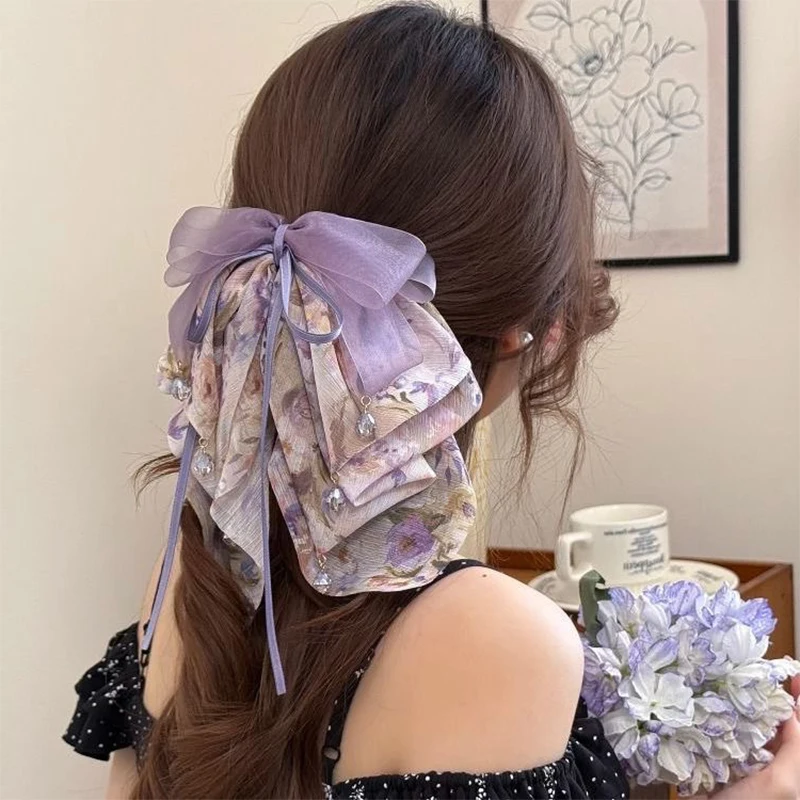 Französische elegante Haarspangen für Damen, Hai-Clip, süßer Chiffon, Blumenmuster, Schleife, Perlen, Pferdeschwanz-Clip – Detail 10