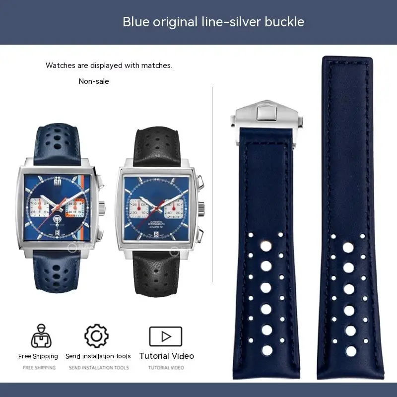 Men's Soft Genuine Cowhide Leather Watchband with Folding Buckle - 22mm, Compatible with Tag Heuer Monaco Series