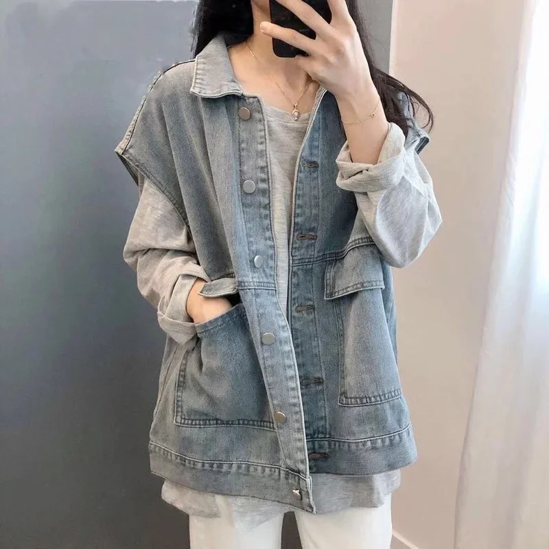 Women's Denim Vest Waistcoat  Sleeveless Top Coat Korean Fashion Denim Jacket Loose Leisure Cardigan Basic Style Free Shipping